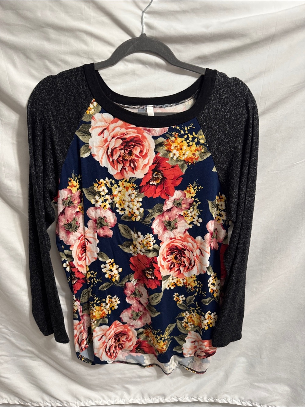 Navy Floral Raglan Long Sleeve Top with Black Sleeves